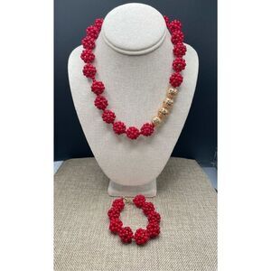 Charming Cherry Two piece Set Necklace and Bracelet Bright Red Beaded